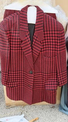 Vintage Linda Allard Ellen Tracy Houndstooth Suit Set Red Black Blazer Skirt