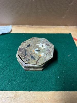 Vintage Indian Soapstone Inlay Jewelry Trinket Box Octagonal