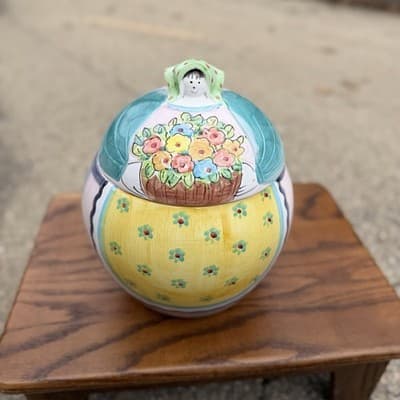Horchow Italian Hand Painted Ceramic Lidded Jar Bow Design Made in Italy