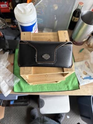 Harley-Davidson Leather Eyeglasses Case Black Orange Stitch Snap Pouch - Thumbnail 3