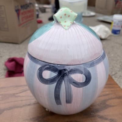 Horchow Italian Hand Painted Ceramic Lidded Jar Bow Design Made in Italy - Thumbnail 4