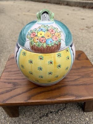 Horchow Italian Hand Painted Ceramic Lidded Jar Bow Design Made in Italy - Thumbnail 2