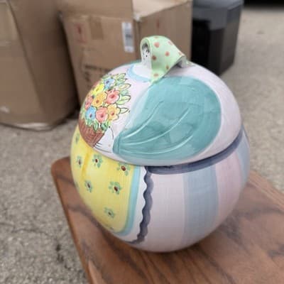 Horchow Italian Hand Painted Ceramic Lidded Jar Bow Design Made in Italy - Thumbnail 3