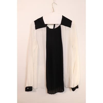 Black and White Colorblock Pleated Chiffon Blouse Studded V-Neck Long Sleeve Top