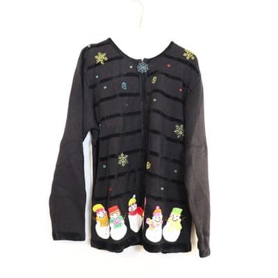 The Quacker Factory Snowman Beaded Zip Cardigan Sweater Black Large Holiday