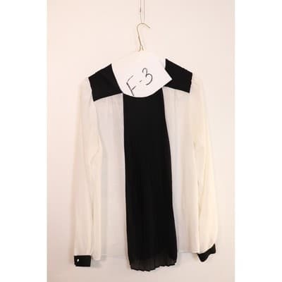 Black and White Colorblock Pleated Chiffon Blouse Studded V-Neck Long Sleeve Top - Thumbnail 3