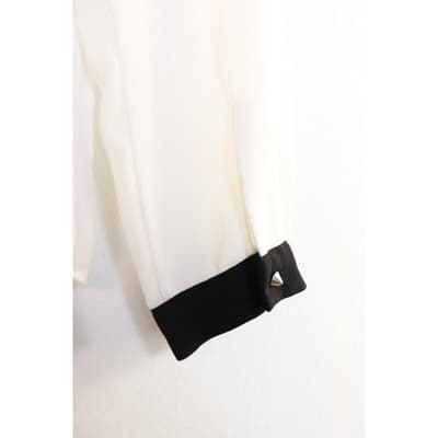Black and White Colorblock Pleated Chiffon Blouse Studded V-Neck Long Sleeve Top - Thumbnail 9