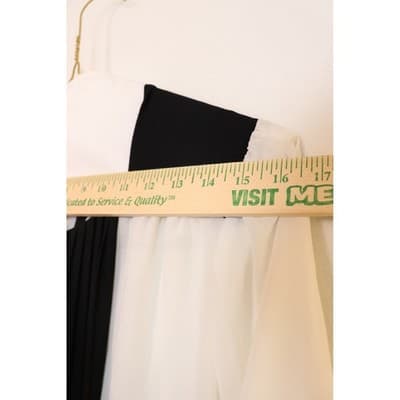 Black and White Colorblock Pleated Chiffon Blouse Studded V-Neck Long Sleeve Top - Thumbnail 2