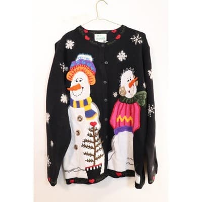 Quacker Factory Snowman Christmas Cardigan Sweater Black Womens Medium Holiday