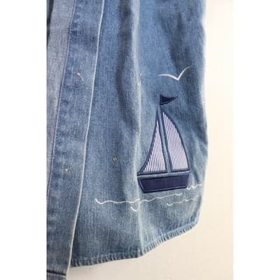 Quacker Factory Sailboat Denim Shirt Medium Blue Short Sleeve Button Covers - Thumbnail 3
