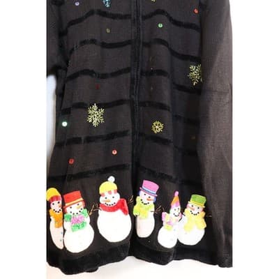 The Quacker Factory Snowman Beaded Zip Cardigan Sweater Black Large Holiday - Thumbnail 2