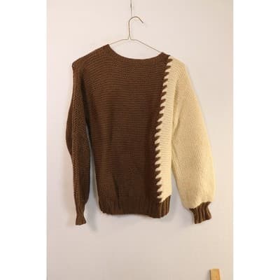 Semplice Brown Cream 100% Wool Colorblock Whipstitch Sweater Made in Uruguay M