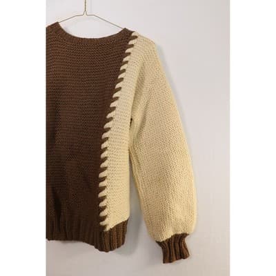 Semplice Brown Cream 100% Wool Colorblock Whipstitch Sweater Made in Uruguay M - Thumbnail 2