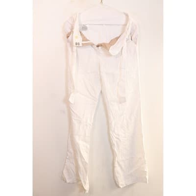 White Textured Straight Leg Trousers Cotton Blend Side Pockets Zip Fly Pants