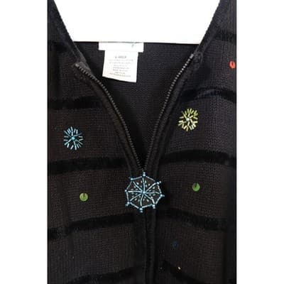 The Quacker Factory Snowman Beaded Zip Cardigan Sweater Black Large Holiday - Thumbnail 4