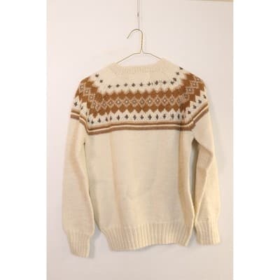 Vintage Fair Isle Knit Sweater Cream Brown Geometric Yoke Crew Neck A19 - Thumbnail 10