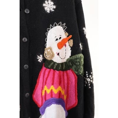 Quacker Factory Snowman Christmas Cardigan Sweater Black Womens Medium Holiday - Thumbnail 2