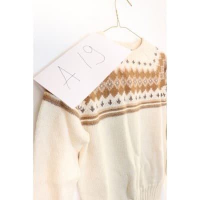 Vintage Fair Isle Knit Sweater Cream Brown Geometric Yoke Crew Neck A19 - Thumbnail 8