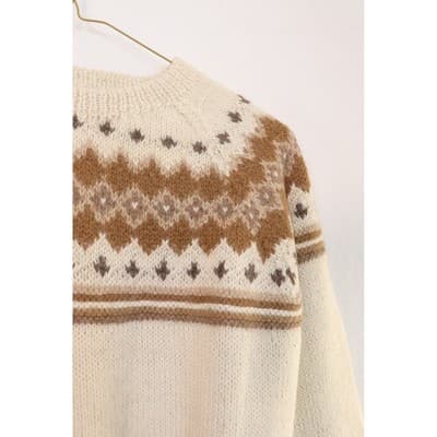 Vintage Fair Isle Knit Sweater Cream Brown Geometric Yoke Crew Neck A19 - Thumbnail 2