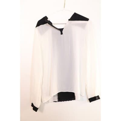Black and White Colorblock Pleated Chiffon Blouse Studded V-Neck Long Sleeve Top - Thumbnail 8