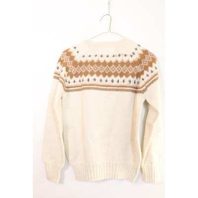 Vintage Fair Isle Knit Sweater Cream Brown Geometric Yoke Crew Neck A19 - Thumbnail 9