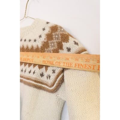 Vintage Fair Isle Knit Sweater Cream Brown Geometric Yoke Crew Neck A19 - Thumbnail 4