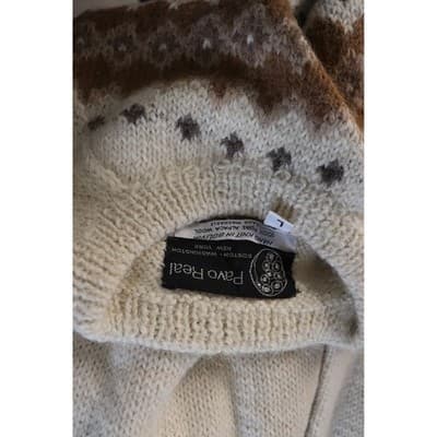 Vintage Fair Isle Knit Sweater Cream Brown Geometric Yoke Crew Neck A19 - Thumbnail 11