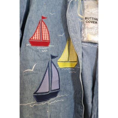 Quacker Factory Sailboat Denim Shirt Medium Blue Short Sleeve Button Covers - Thumbnail 4