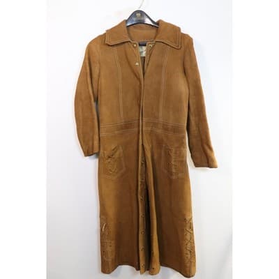 Vintage Saks Fifth Avenue Brown Suede Leather Lace Up Maxi Duster Coat 70s Boho