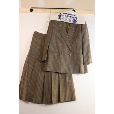 Vintage Brown Pinstripe Skirt Suit Set Double Breasted Blazer Pleated Skirt 10