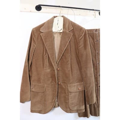 Vintage Tan Corduroy Skirt Suit Set Blazer Button Down Midi Skirt Tan 2 Piece - Thumbnail 2