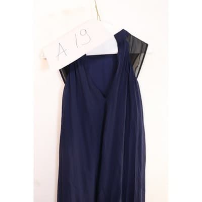 Navy Blue Pleated Chiffon Sleeveless Dress with Black Mesh and Lace Accents - Thumbnail 9