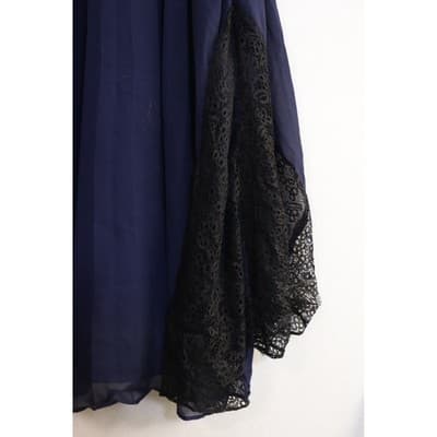 Navy Blue Pleated Chiffon Sleeveless Dress with Black Mesh and Lace Accents - Thumbnail 4