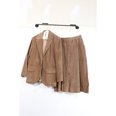 Vintage Tan Corduroy Skirt Suit Set Blazer Button Down Midi Skirt Tan 2 Piece