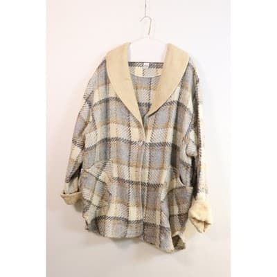Vintage Made in Ireland Plaid Wool Blend Shawl Collar Cardigan Coat Blue Tan M