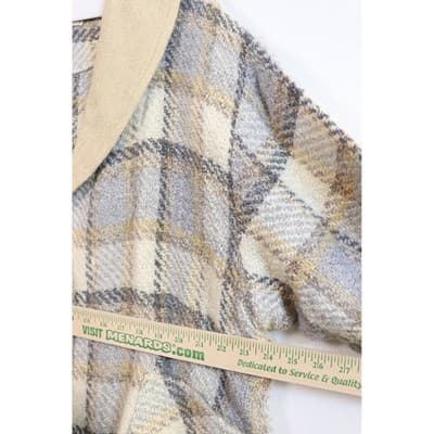Vintage Made in Ireland Plaid Wool Blend Shawl Collar Cardigan Coat Blue Tan M - Thumbnail 2