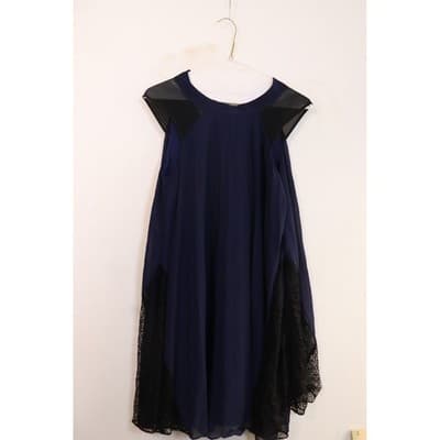 Navy Blue Pleated Chiffon Sleeveless Dress with Black Mesh and Lace Accents