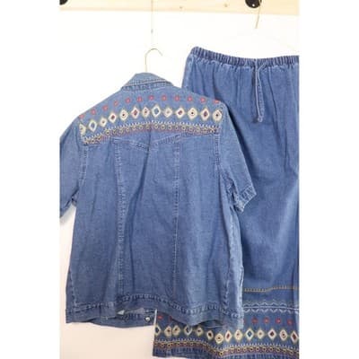 Denim & Co. Embroidered 2 Piece Set Shirt & Skirt Blue Cotton Medium NWT QVC - Thumbnail 13