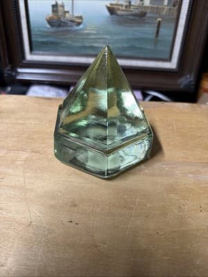 Green Glass Pyramid Paperweight Vintage Art Glass Geometric Heavy