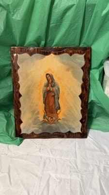 Vintage Our Lady of Guadalupe Wood Plaque Signed Del Ryan 18” x 14”