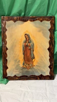Vintage Our Lady of Guadalupe Wood Plaque Signed Del Ryan 18” x 14” - Thumbnail 6