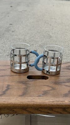 Alessi 18/10 Stainless Glass Mug Cup Set of 2 Blue Handles Italy - Thumbnail 2