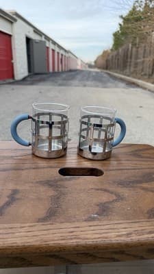 Alessi 18/10 Stainless Glass Mug Cup Set of 2 Blue Handles Italy - Thumbnail 4