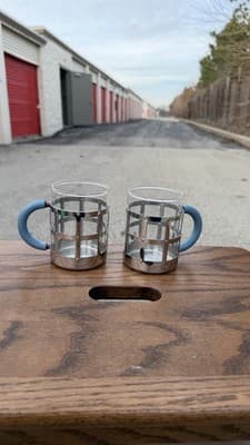 Alessi 18/10 Stainless Glass Mug Cup Set of 2 Blue Handles Italy - Thumbnail 6