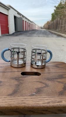 Alessi 18/10 Stainless Glass Mug Cup Set of 2 Blue Handles Italy - Thumbnail 5