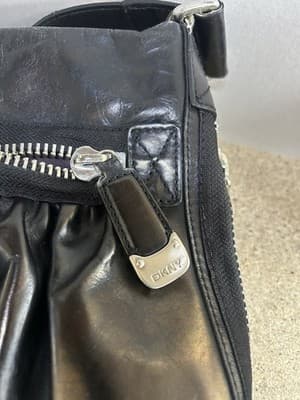DKNY Black Leather Shoulder Bag Pleated Front Zip Pocket - Thumbnail 2