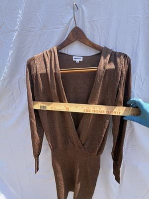 Superdown XS Brown Shimmer Deep V Mini Dress Metallic Long Sleeve Bodycon - Thumbnail 6