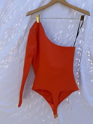 NBD Revolve Neon Orange One Shoulder Bodysuit XS Long Sleeve Bodycon Top