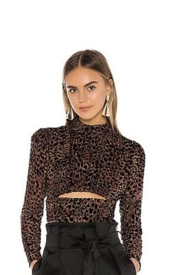 Camila Coelho Leopard Velvet Crop Top XS Puff Sleeve Animal Print Blouse
