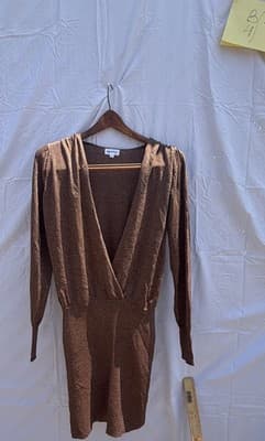 Superdown XS Brown Shimmer Deep V Mini Dress Metallic Long Sleeve Bodycon